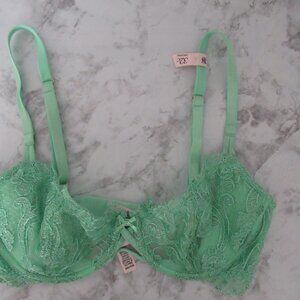 New Victorias Secret Bra 32C Push Up Without Padding Green Lace Underwire